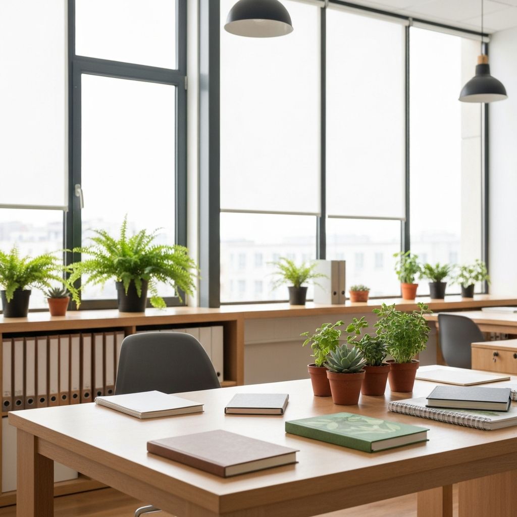 Team working with plants and educational materials in an office setting