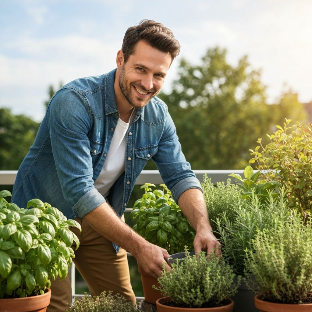 Man tending to plants in a home garden setting