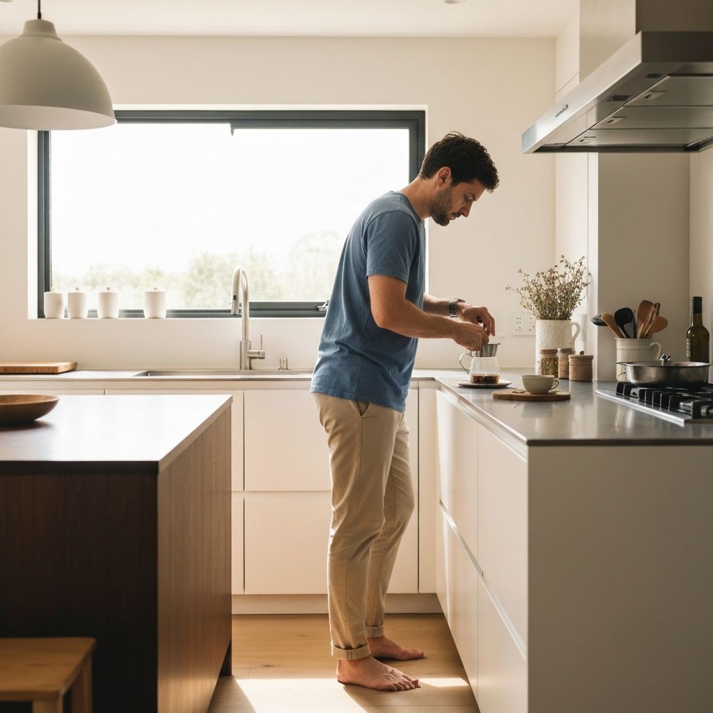 Man preparing herbal beverage in kitchen during morning